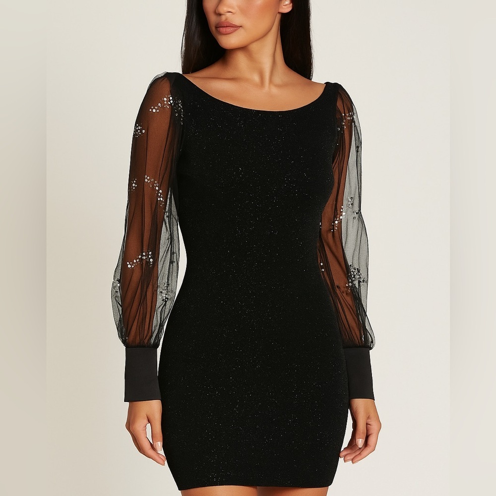 Leo Narducci black shimmer mini mesh long sleeve formal dress